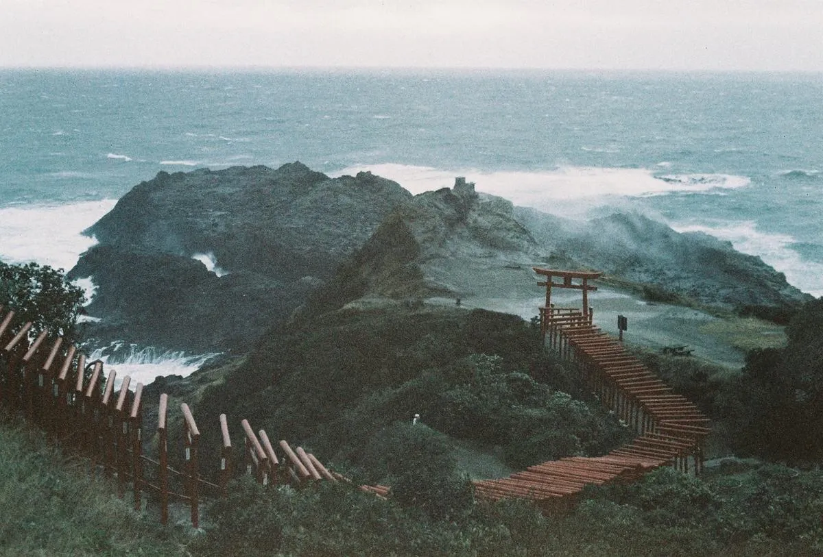 A torii gate stretching toward the ocean in Fukuoka, captured on 35mm film. Recently fell in love with film photography and the magic of shooting analog.